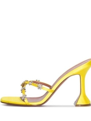 Amina Muaddi Lily 95mm crystal-embellished mules in canary yellow / floral square toe mule sandals / martini style heels / FARFETCH