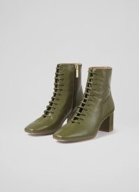 L.K. BENNETT Arabella Olive Leather Lace-Up Ankle Boots – women’s square toe block heel nappa boots