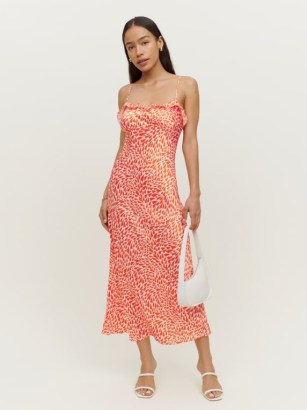Reformation Aribella Silk Dress in Cupid ~ ruffled cami strap dresses ~ heart print fashion ~ spaghetti shoulder straps ~ luxe silk slip