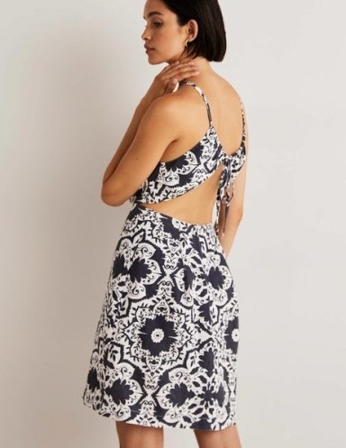 Boden Back Detail Mini Dress Navy Bloomsbury / dark blue and white floral cut out summer dresses - flipped