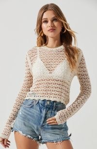 ASTR THE LABEL BAILEY CROCHET LONG SLEEVE TOP in Cream | sheer knitted scalloped edge tops | feminine scallop trim knitwear