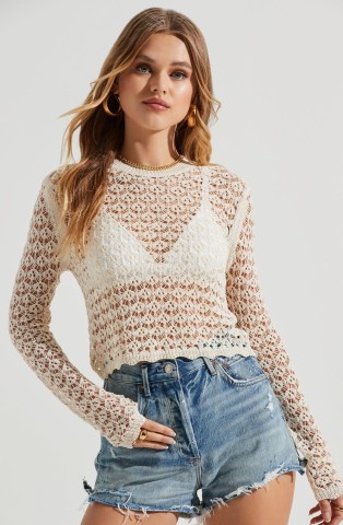 ASTR THE LABEL BAILEY CROCHET LONG SLEEVE TOP in Cream | sheer knitted scalloped edge tops | feminine scallop trim knitwear - flipped