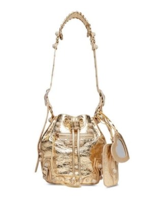 Balenciaga Le Cagole XS bucket bag in gold tone leather / women’s luxe designer handbags / luxury metallic shoulder bags / FARFETCH