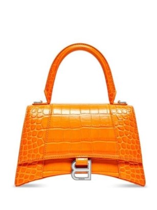 Balenciaga small Hourglass top-handle bag in pop orange / bright leather crocodile embossed bags / luxe croc effect handbags / FARFETCH - flipped