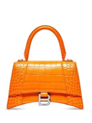 Balenciaga small Hourglass top-handle bag in pop orange / bright leather crocodile embossed bags / luxe croc effect handbags / FARFETCH