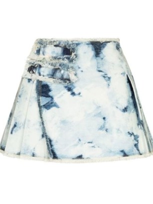 Balmain bleached denim miniskirt in light blue/white | frayed knife pleat mini skirts | FARFETCH | women’s designer fashion - flipped
