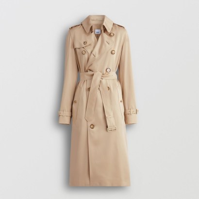 Burberry Kensington silk trench coat in soft fawn | women’s luxury belted coats | luxe outerwear - flipped