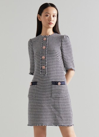 L.K. BENNETT Beau Navy and Cream Houndstooth Tweed Dress ~ dark blue textured dogtooth print dresses ~ frayed edge ~ chic checked clothes - flipped