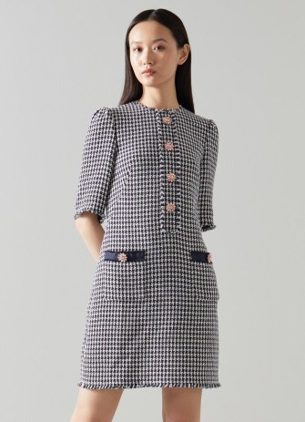 L.K. BENNETT Beau Navy and Cream Houndstooth Tweed Dress ~ dark blue textured dogtooth print dresses ~ frayed edge ~ chic checked clothes