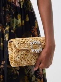 ROGER VIVIER Broche Vivier raffia clutch in beige ~ crystal buckle occasion bags ~ detachable chain strap event handbags ~ MATCHESFASHION