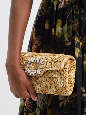 ROGER VIVIER Broche Vivier raffia clutch in beige ~ crystal buckle occasion bags ~ detachable chain strap event handbags ~ MATCHESFASHION - flipped