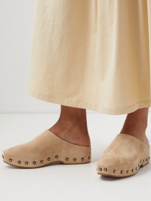 CLERGERIE Max suede mule clogs in beige ~ luxe studded clog style mules ~ MATCHESFASHION - flipped