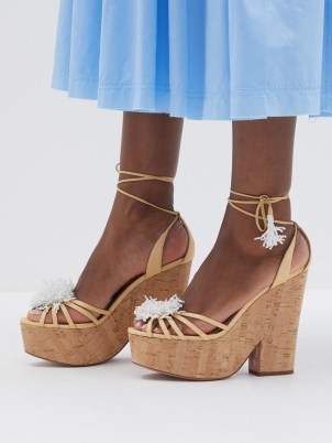 AQUAZZURA Panarea 120 cork and canvas platform sandals in beige ~ chunky beaded ankle tie platforms ~ women’s caged designer shoes ~ MATCHESFASHION - flipped