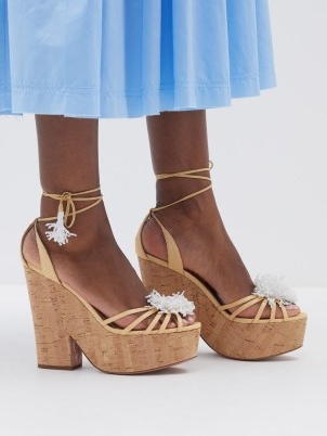 AQUAZZURA Panarea 120 cork and canvas platform sandals in beige ~ chunky beaded ankle tie platforms ~ women’s caged designer shoes ~ MATCHESFASHION