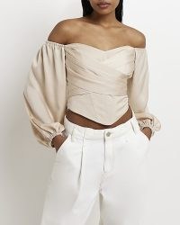 RIVER ISLAND BEIGE SATIN BARDOT CORSET TOP | cropped off the shoulder tops | womens crop hem clothes | balloon sleeve fitted bodice fashion