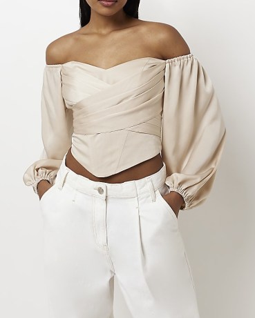 RIVER ISLAND BEIGE SATIN BARDOT CORSET TOP | cropped off the shoulder tops | womens crop hem clothes | balloon sleeve fitted bodice fashion - flipped