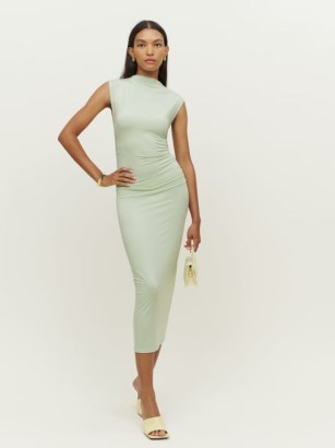 Reformation Billy Knit Dress in Pistachio ~ light green sleeveless mock neck midi dresses ~ ruched detail fitted fashion ~ side ruching ~ women’s fitted - flipped