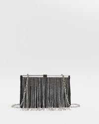 RIVER ISLAND BLACK DIAMANTE SHOULDER BAG – glamorous fringed evening bags – going out handbags – glam party accessories