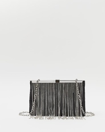 RIVER ISLAND BLACK DIAMANTE SHOULDER BAG – glamorous fringed evening bags – going out handbags – glam party accessories - flipped