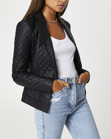 RIVER ISLAND BLACK FAUX LEATHER QUILTED BLAZER ~ women’s military style blazers ~ womens on-trend jackets - flipped