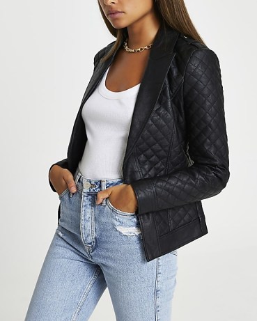 RIVER ISLAND BLACK FAUX LEATHER QUILTED BLAZER ~ women’s military style blazers ~ womens on-trend jackets
