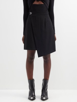ALEXANDER MCQUEEN Hook-clasp wool-crepe wrap skirt in black ~ women’s chic asymmetric skirts ~ womens designer clothes ~ MATCHESFASHION ~ asymmetrical fashion - flipped
