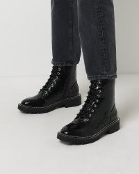 RIVER ISLAND BLACK LACE UP BOOTS ~ women’s croc embossed faux leather boots ~ animal effect footwear