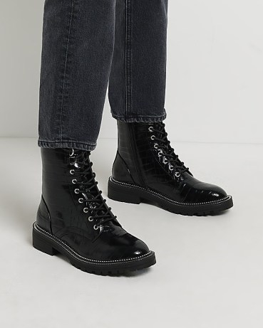 RIVER ISLAND BLACK LACE UP BOOTS ~ women’s croc embossed faux leather boots ~ animal effect footwear - flipped