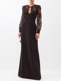 GUCCI Long-sleeved floral-lace gown in black – romantic sheer sleeved gowns – romance inspired event clothes – MATCHESFASHION – women’s designer occasion clothing – keyhole cut out detail