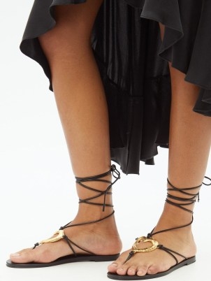 SAINT LAURENT Love ankle-tie leather sandals in black / strappy heart detail summer flats - flipped