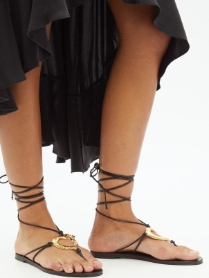 SAINT LAURENT Love ankle-tie leather sandals in black / strappy heart detail summer flats