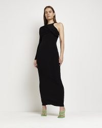 RIVER ISLAND BLACK ONE SHOULDER MAXI BODYCON DRESS ~ chic one sleeve evening dresses