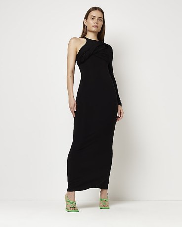 RIVER ISLAND BLACK ONE SHOULDER MAXI BODYCON DRESS ~ chic one sleeve evening dresses - flipped