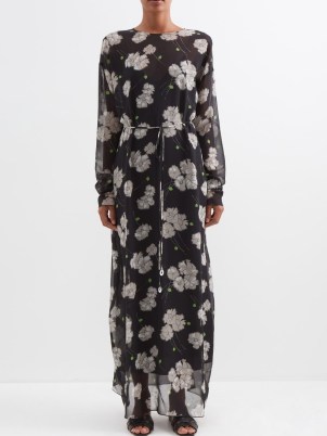 RAEY Tie-back frazzled poppy silk print dress in black / sheer floral long sleeved maxi dresses - flipped