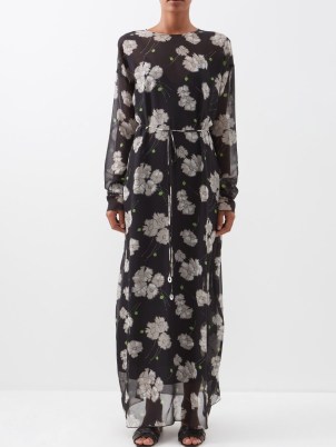 RAEY Tie-back frazzled poppy silk print dress in black / sheer floral long sleeved maxi dresses