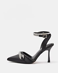 BLACK WIDE FIT DIAMANTE COURT SHOES ~ embellished ankle strap courts ~ high heel ankle strap party shoes ~ glamorous evening heels - flipped