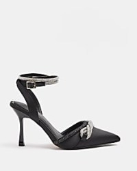 BLACK WIDE FIT DIAMANTE COURT SHOES ~ embellished ankle strap courts ~ high heel ankle strap party shoes ~ glamorous evening heels