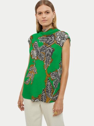 JIGSAW Block Floral Cowl Neck Top in Green ~ chic printed cap sleeved tops