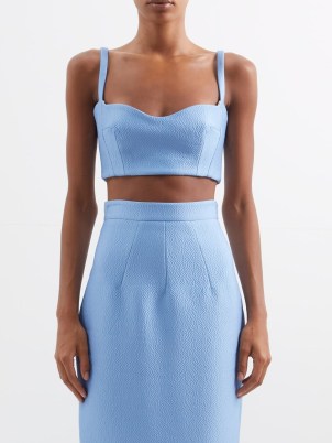 EMILIA WICKSTEAD Carina cloqué cropped top in blue ~ sweetheart neckline crop hem occasion tops ~ women’s evening fashion ~ MATCHESFASHION - flipped