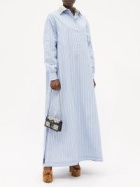 GUCCI Crystal-collar striped cotton shirt dress in blue ~ long sleeved collared maxi dresses ~ front button ~ split hem ~ women’s designer clothes ~ MATCHESFASHION