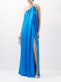 STELLA MCCARTNEY Crystal-embellished draped satin gown in blue ~ luxe one shoulder gowns ~ women’s glamorous occasion dresses ~ womens luxury designer event clothes ~ asymmetric neckline fashion ~ beautiful fluid fabric