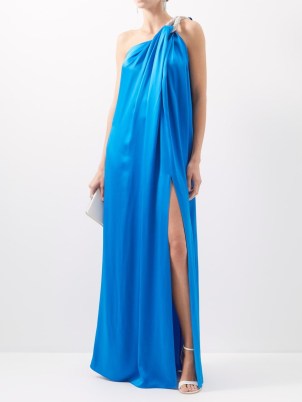 STELLA MCCARTNEY Crystal-embellished draped satin gown in blue ~ luxe one shoulder gowns ~ women’s glamorous occasion dresses ~ womens luxury designer event clothes ~ asymmetric neckline fashion ~ beautiful fluid fabric