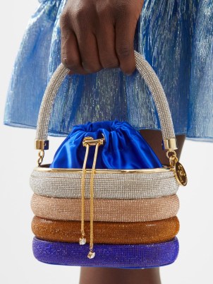 ROSANTICA Holli Favilla crystal-embellished handbag in blue ~ luxe colour block occasion bags covered in crystals ~ evening colourblock handbags ~ ombre design ~ satin lined ~ women’s luxury party accessories ~ MATCHESFASHION