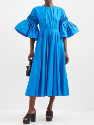 ROKSANDA Iosefena gathered-sleeve cotton midi dress in blue ~ voluminous dresses ~ romance inspired fashion ~ flared short sleeves ~ womens clothes with volume ~ MATCHESFASHION - flipped