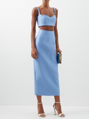 EMILIA WICKSTEAD Lorelei cloqué pencil skirt in blue ~ women’s designer occasion skirts ~ back slit ~ split hem detail ~ MATCHESFASHION womens clothes