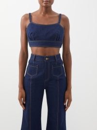 VIKA 2.0 Organic cotton-blend denim crop top in blue ~ women’s slender shoulder strap tops ~ cropped hem ~ MATCHESFASHION
