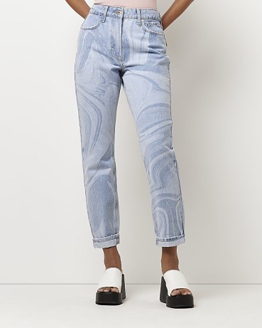 RIVER ISLAND BLUE PRINTED HIGH RISE MOM JEANS | abstract print denim fashion - flipped