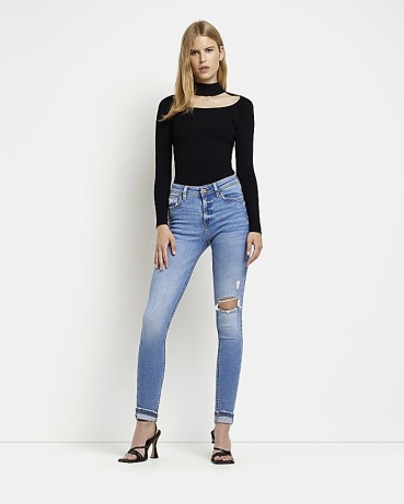 River Island BLUE RIPPED LOW RISE SKINNY JEANS | distressed skinnies | casual denim fashion