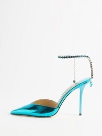 JIMMY CHOO Saeda 100 crystal-strap mirrored-leather pumps ~ metallic turquiose high heel with cryatsls ~ women’s blue high shine occasion stiletto heels ~ womens designer party shoes ~ MATCHESFASHION