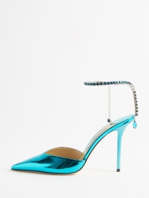 JIMMY CHOO Saeda 100 crystal-strap mirrored-leather pumps ~ metallic turquiose high heel with cryatsls ~ women’s blue high shine occasion stiletto heels ~ womens designer party shoes ~ MATCHESFASHION